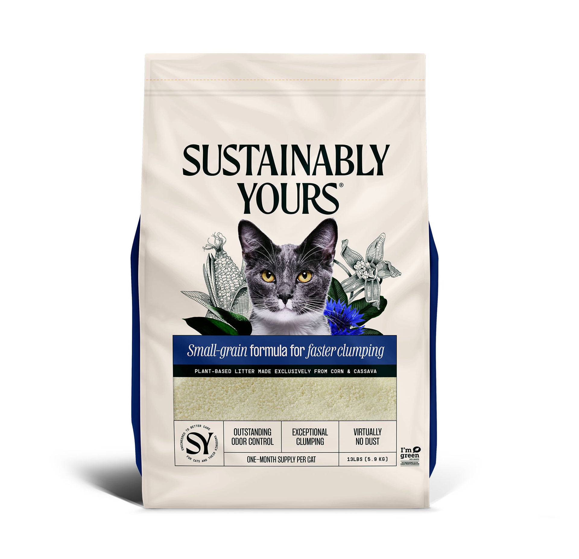 Sustainably Yours 13lb Small Grain Cat Litter – front of bag